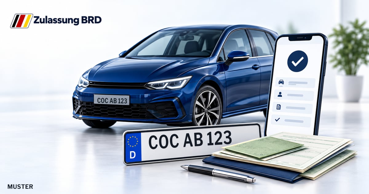 Online Fahrzeugzulassung in Cochem: Musterkennzeichen COC AB 123, Auto und Fahrzeugpapiere und Smartphone. Illustration mit Logo von Zulassung BRD.